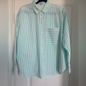 AYR Women’s Light Teal  & White Striped Button Up Deep End Shirt Top XL $155 EUC